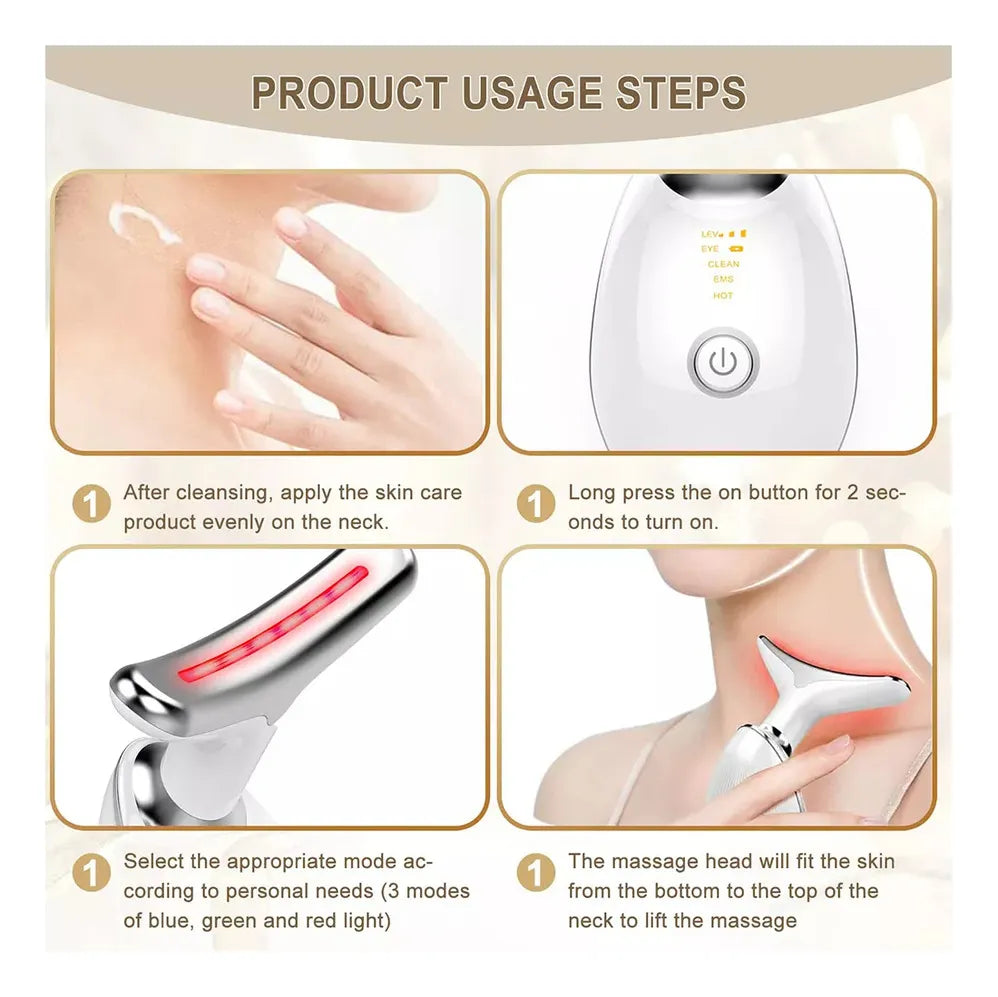 Massageador Facial Portátil com Luz LED 3 Cores – Reduz Rugas e Estimula Colágeno